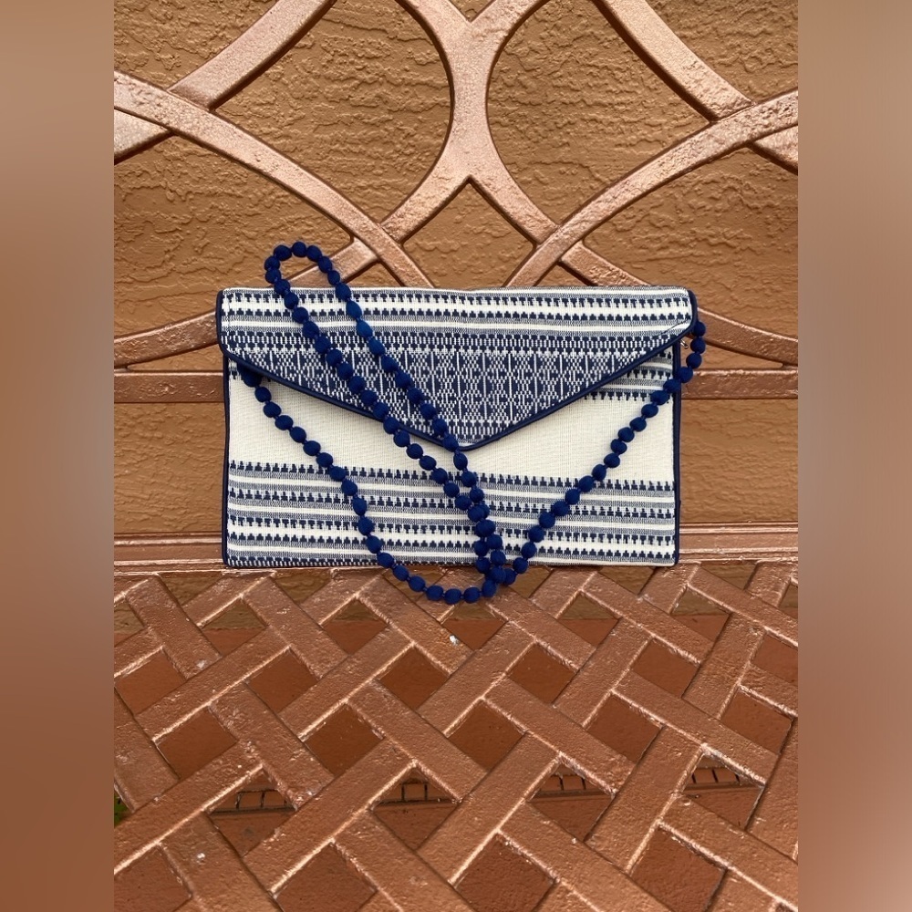 Navy and Cream Canvas Envelope Clutch with Pompom Strap